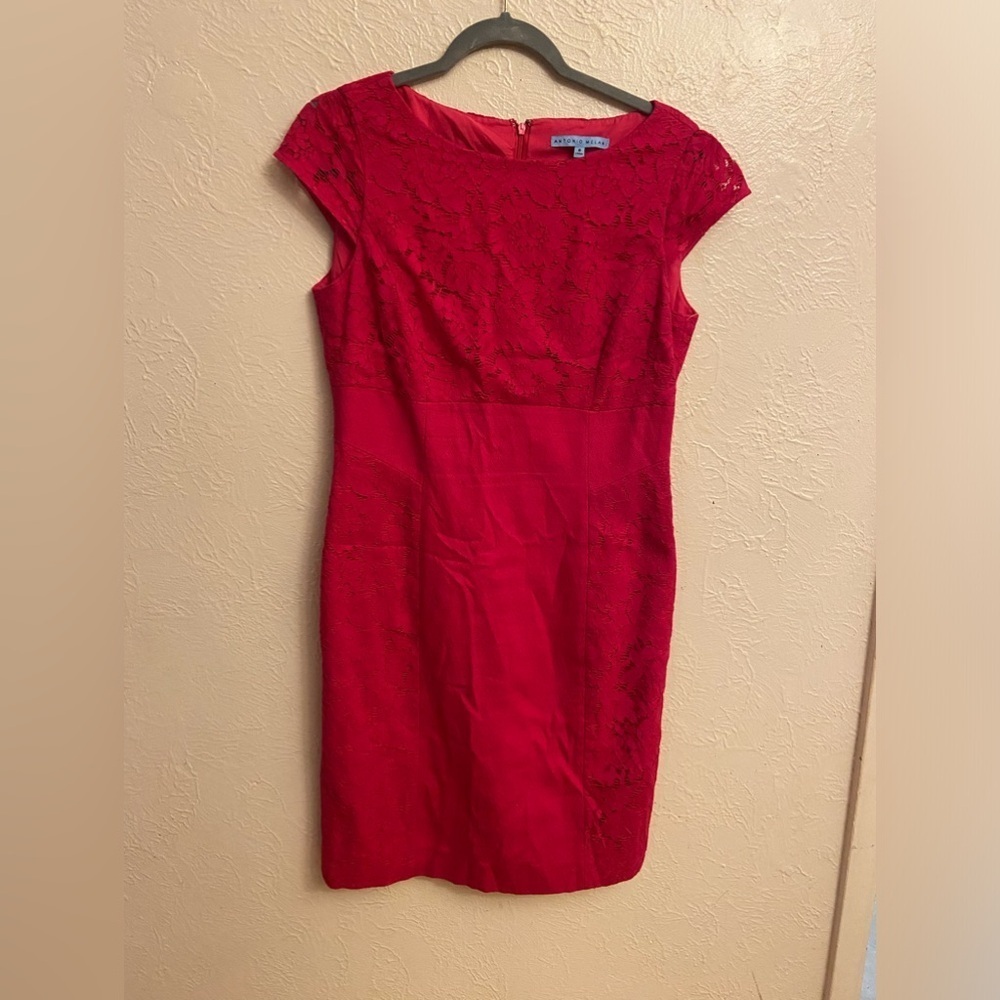 ANTONIO MELANI Red Sheath Mini Dress Bateau Neck Cap Sleeve